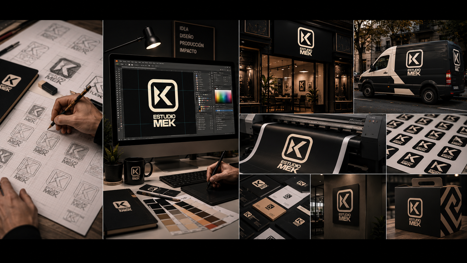 Proceso Estudio MEK: boceto, diseño digital, cartelería, vinilos, packaging